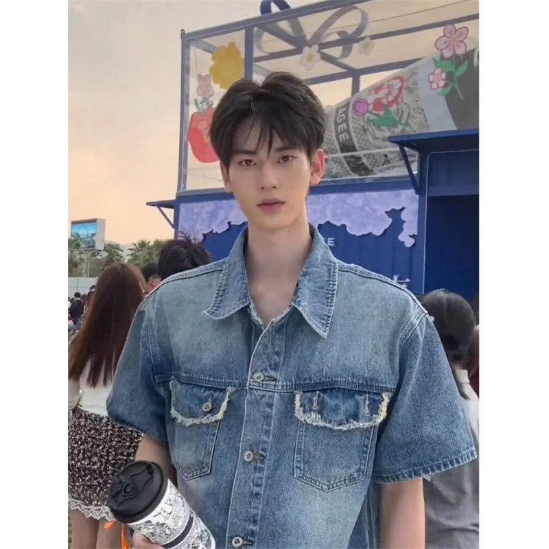Shoulder Pad High Street Denim Short-sleeved Shirt Summer Work Coat Men's Thin Duffy Handsome Style High-end Male Model Wear