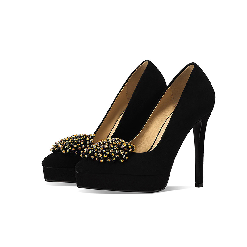 Giày cao gót nữ mũi nhọn phong cách Pháp, gót nhọn 10 cm, đế platform da thật, đính đá rhinestone — Màu nâu nhạt 10 cm