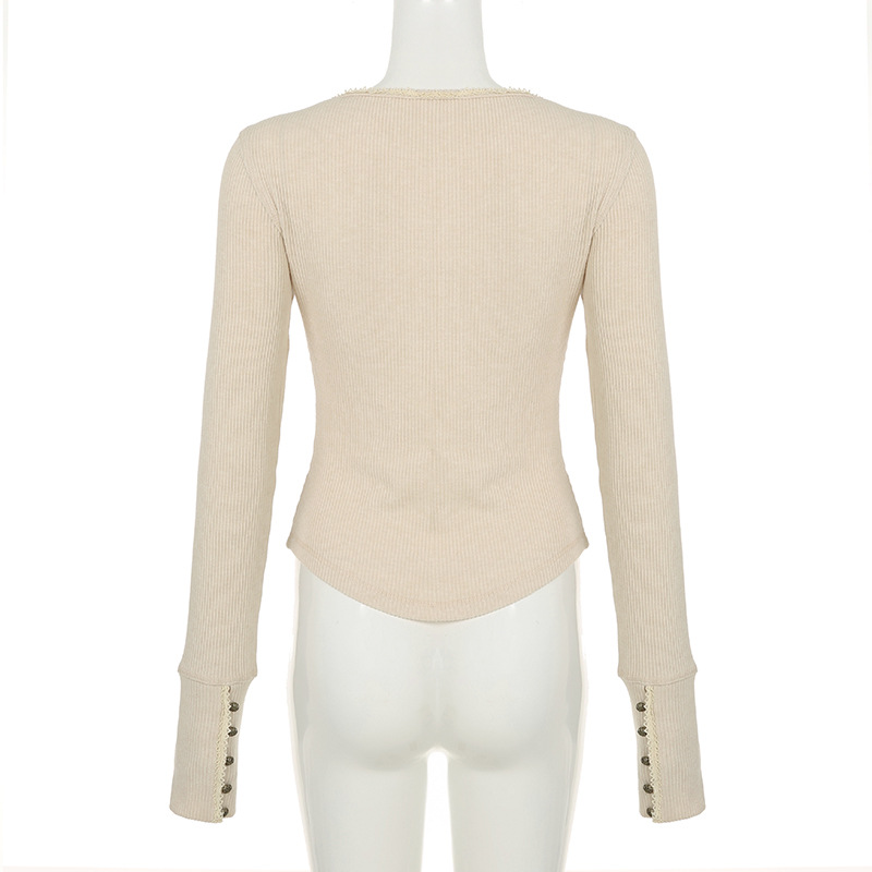 Autumn Winter Women Clothing Internet Lace Stitching Split Breasted round Neck Slim Fit Base Long Sleeve T shirt for Women