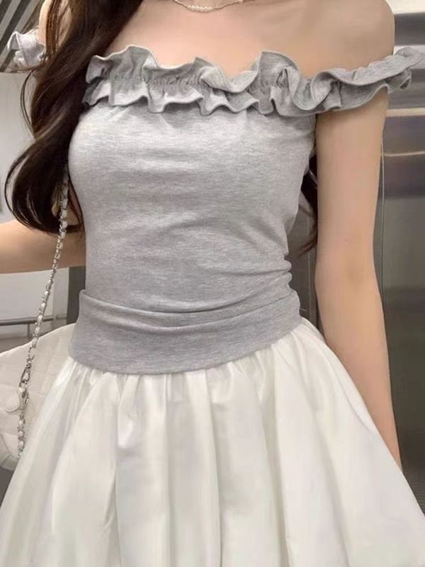 简漫妮纯欲辣妹木耳边一字肩短袖t恤女生夏季设计感修身露肩上衣|undefined