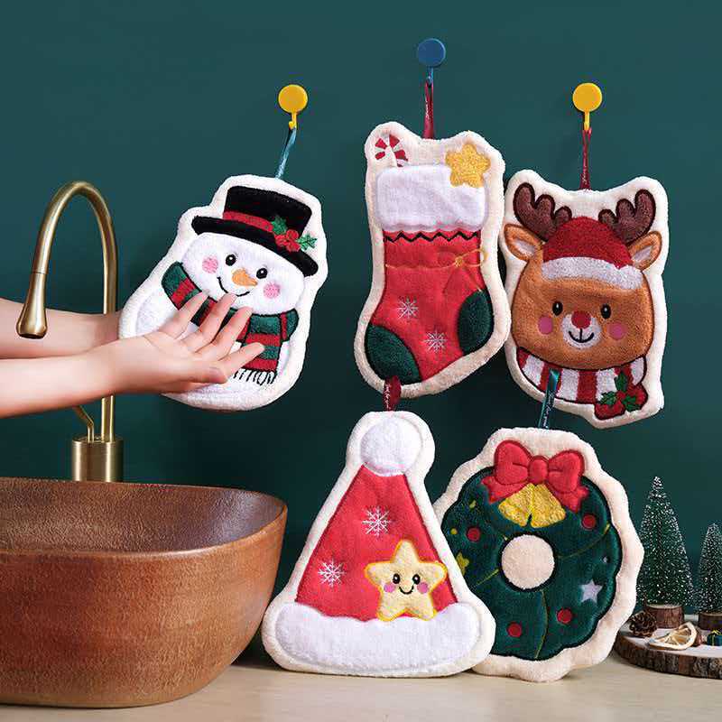 Christmas Hand Towel Coral Fleece Cute Cartoon Hand Towel Hangable Soft Absorbent Kitchen Hand Towel Custom-Made