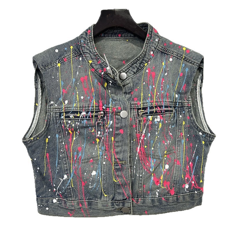 Hong Kong estilo retro chaleco de vaquero sin mangas para mujeres verano nuevo diseño pintado a mano sensación de moda versátil chaqueta de clip chique