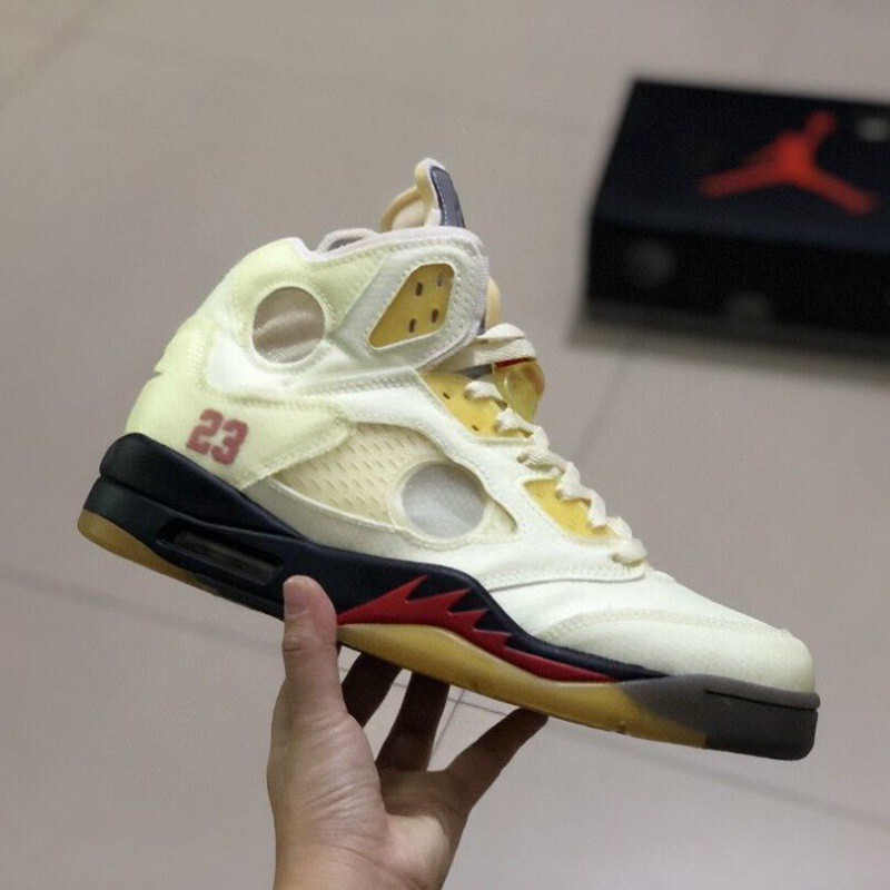 Aj5 X Off-White Ow Joint Cream Ice Cream White Sail Cicada Wing Men's and Women's Basketball Shoes Dh8565-100