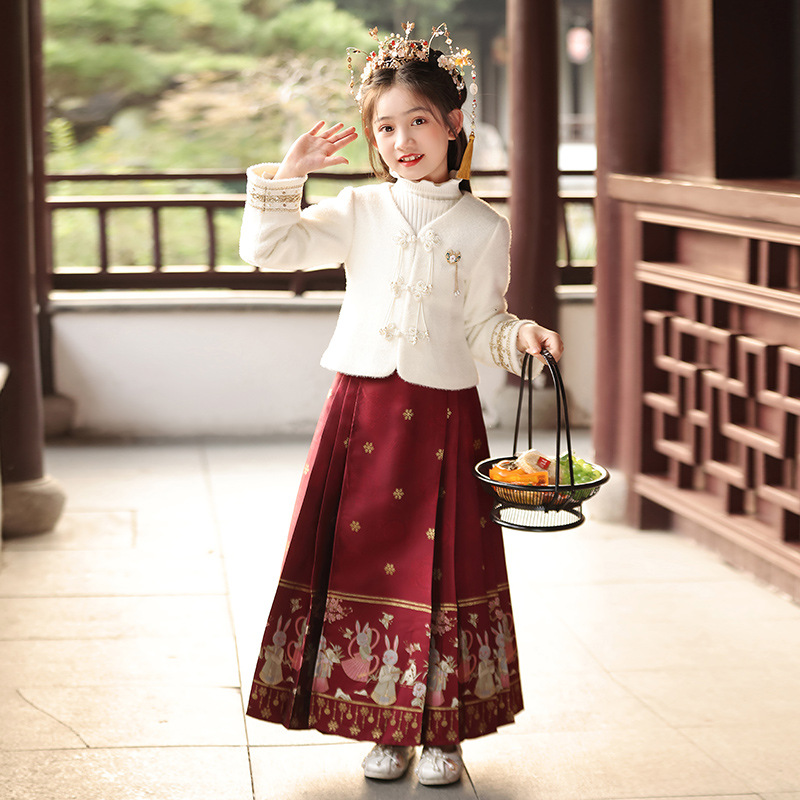 Children's Autumn/Winter New Hanfu Chinese Style Mamian Skirt Outerwear for Little Girls, Ancient Chinese Style Tangzhuang Set for Girls