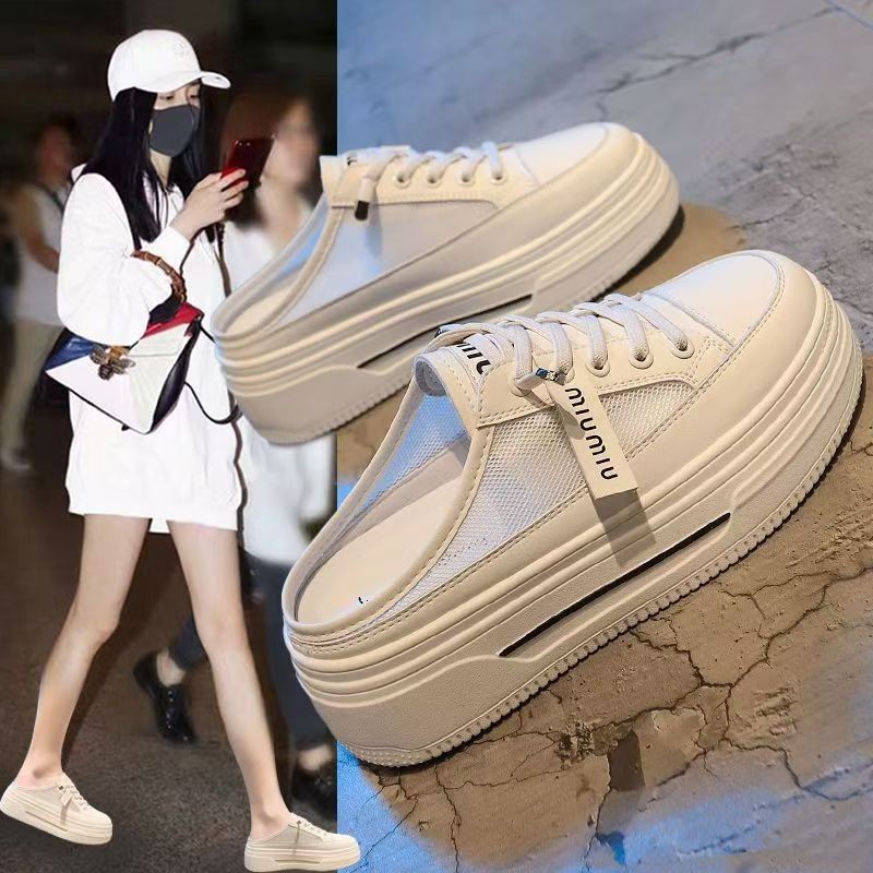 Ins Trendy Breathable Mesh White Shoes for Women 2025 Summer New Korean Style Student Half-Cup Mesh Shoes Thick-Soled Casual Shoes