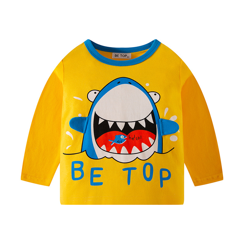 Camiseta de manga larga con cuello redondo para niños, de algodón puro, con estampado de tiburón de dibujos animados, otoño 2025, venta al por mayor.