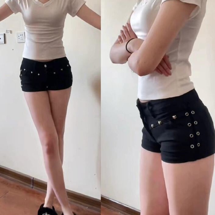 Black Rivet Low-Waist Denim Shorts for Women, New American Style, Stretchy, Slim-Fit, A-Line Wide-Leg, Hip-Hugging Pants
