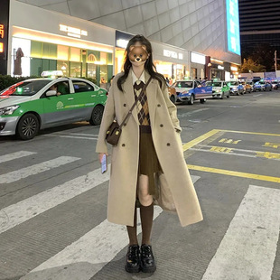 Woolen Coat Women's Hepburn Style 2024 Autumn and Winter New apricot Woolen Coat Small Korean Winter Thickened