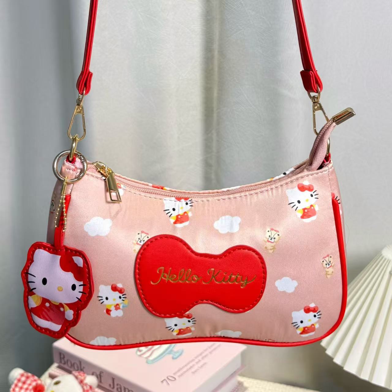 Hellokitty Pink Underarm Bag for Women, Cute Cartoon Shoulder Bag, Red Bow Fashion Handbag