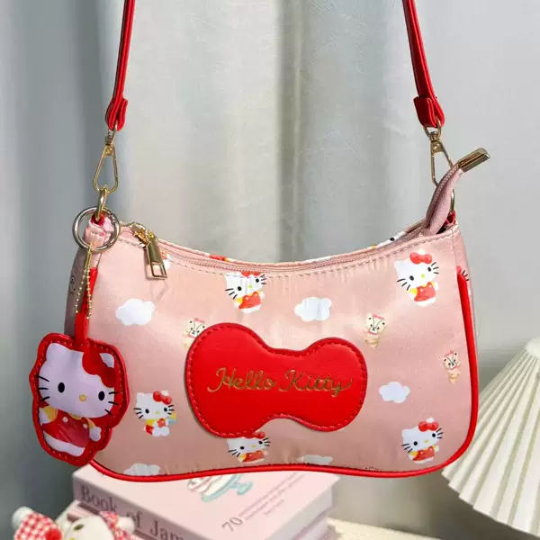 Hellokitty Pink Underarm Bag for Women, Cute Cartoon Shoulder Bag, Red Bow Fashion Handbag