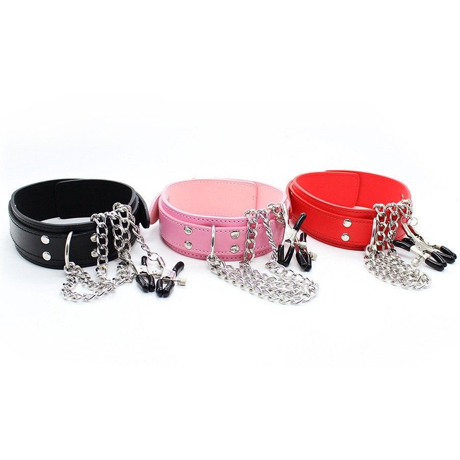 Tienda de la fábrica al por mayor juguetes sexuales collar de cuero cuello cubierta pecho clip cuello cadena pecho clip micrófono clip tracción perro cadena