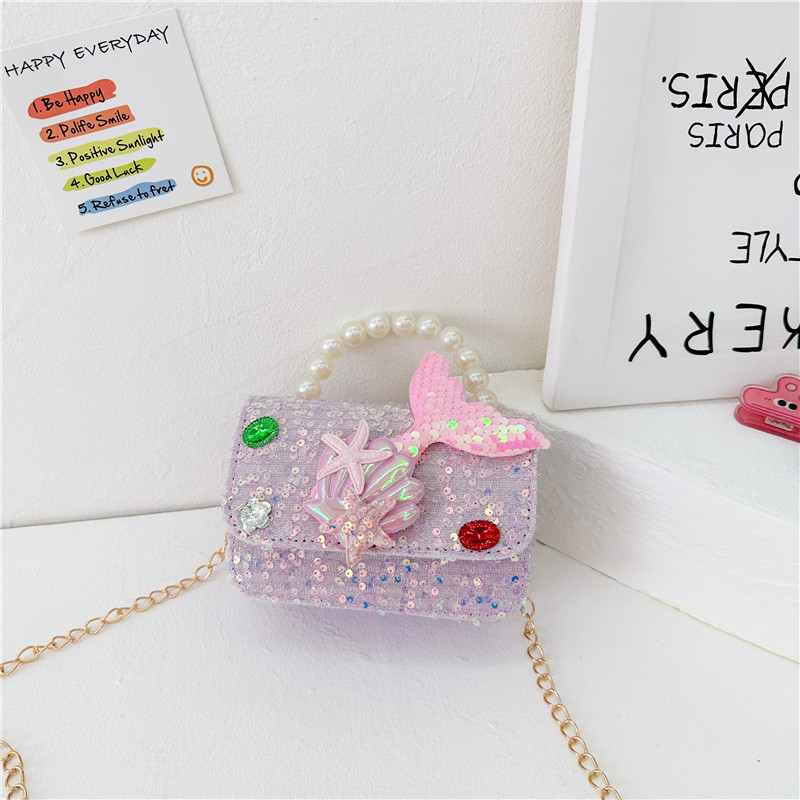 Nueva moda en línea bolsos de niños, princesa extranjera, bolsos de perlas, lindos bolsos de cola de pez para niñas