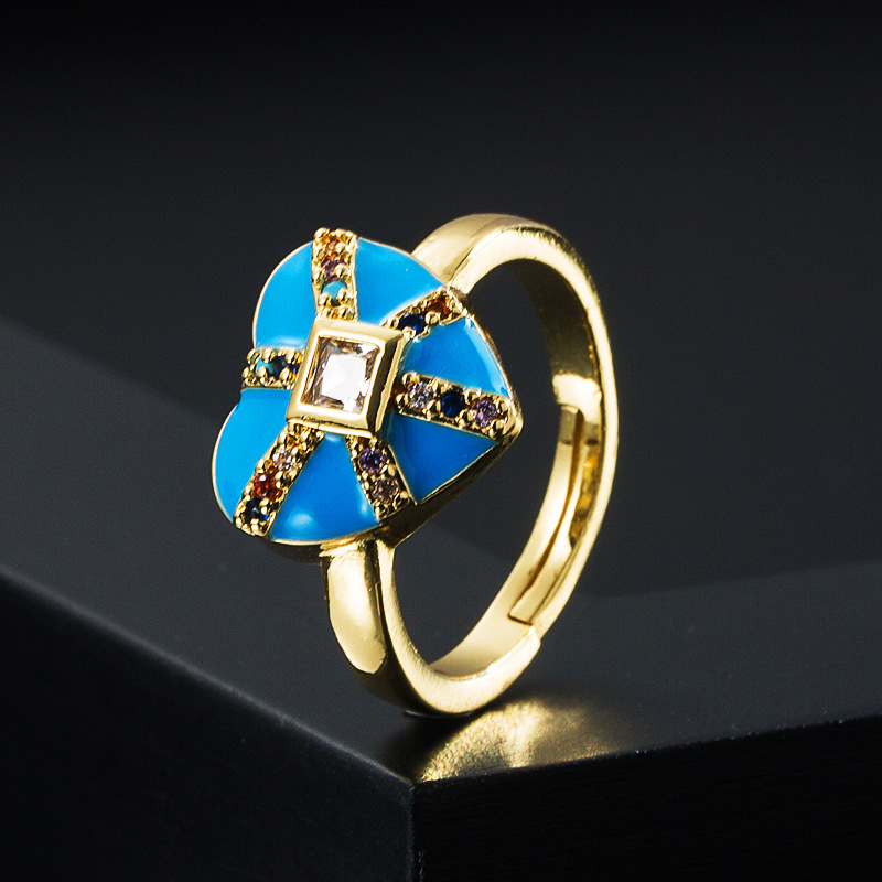 Bague En Forme De Coeur De Pêche En Cuivre À La Mode, Couleur Micro-incrustée D&#39;huile De Zircon Dégoulinant D&#39;oeil Du Diable, Femme display picture 4