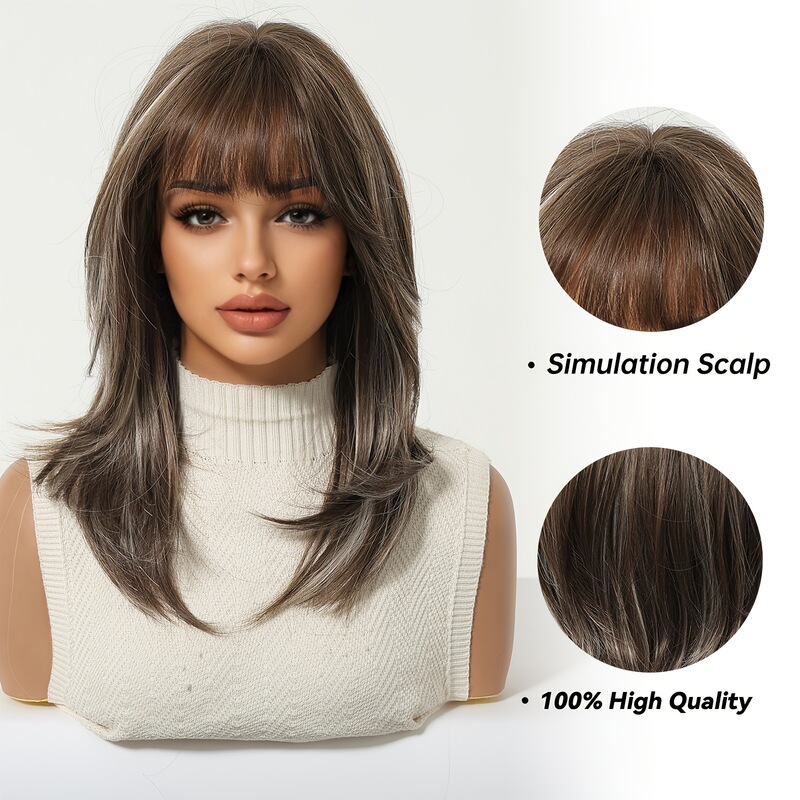 Cross-Border Hot-Selling Wig for Women, Dark Brown with Silver Highlights, Gradient Bangs, Synthetic Fiber Full Wig, Wholesale for Export Cross-Border Hot-Selling Wig for Women, Dark Brown with Silver Highlights, Gradient Bangs, Synthetic Fiber Full Wig, Wholesale for Export