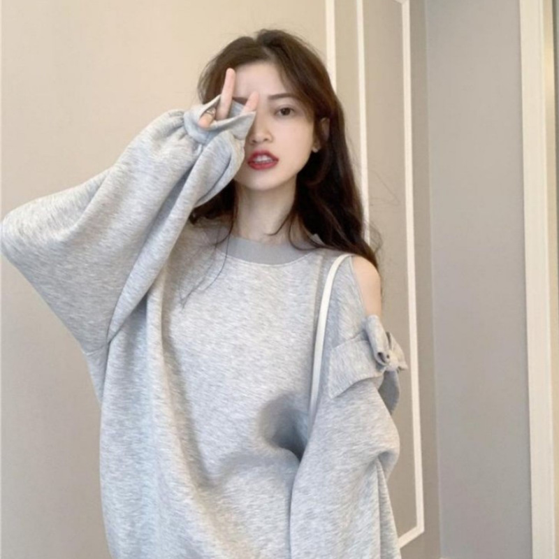 Bow-Tie Off-Shoulder Sweatshirt for Women 2025 New Style Loose Slimming Lazy Style High-End Mid-Length Plus Size Top for Women