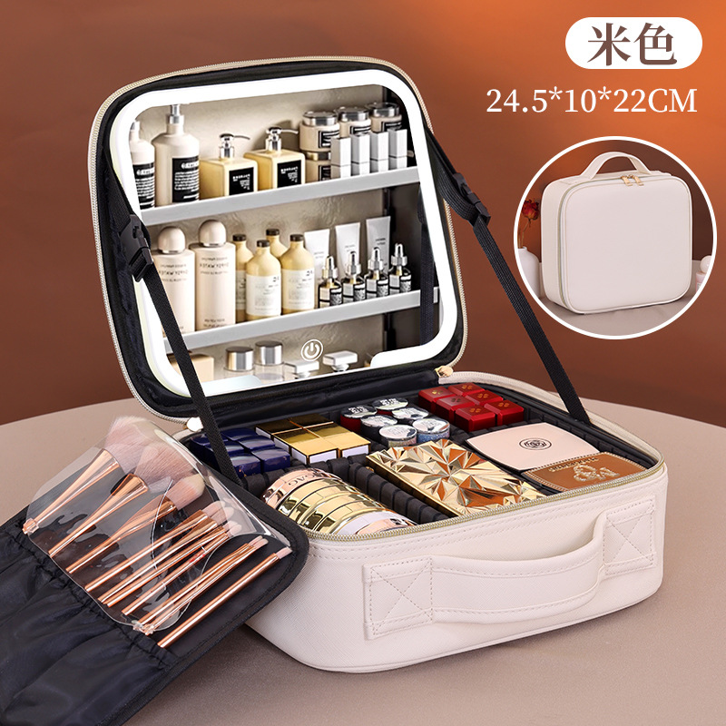 Lámpara LED de alta sensación espejo bolsa de maquillaje portátil de gran capacidad partición estratificada bolsa de maquillaje cepillo de almacenamiento
