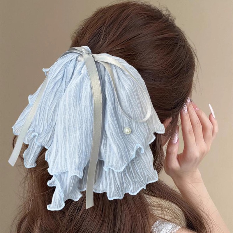 女性用フレンチメッシュリボンパールクリップ、後頭部にハイエンドのポニーテールヘアクリップ、半分結ばれた髪のシャーククリップヘッドバンド|undefined