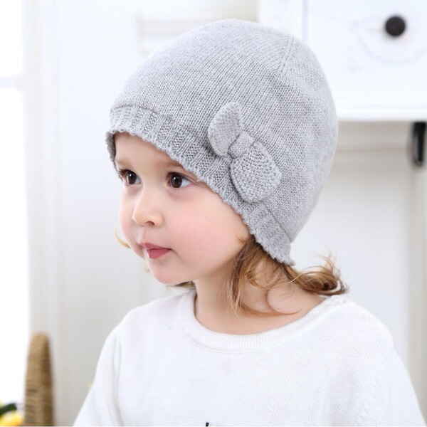 Children's demi-season keep warm knitted woolen knitted hat with bow