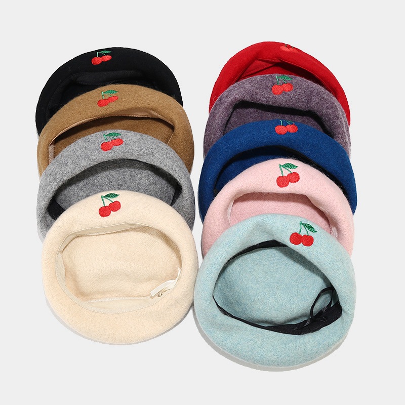 112g Weight Beret Hat Hats Type Daily Occasion Artificial Wool Material Cherry Pattern Autumn&Winter Season Women's Gender Embroidery Design Cute, Sweet Style Eaveless Rim Women's Cute Sweet Cherry Embroidery Eaveless Beret Hat 3