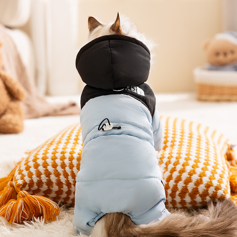 Otoño y invierno gatos sin pelo gatos simple calor de contraste de color empalmado capuchón ropa de algodón de cuatro patas Teddy perros ropa de mascotas