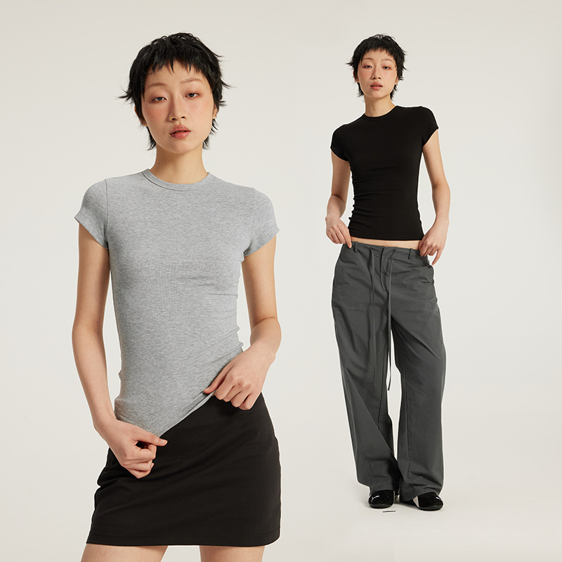 Jie Zhan Women's Clothing | Round Neck, Straight Shoulder, Slim Fit T-Shirt, Spring/Summer 2026, American Style, Waist-Cinching, Slimming, Sports Base Layer, Short Sleeve, Women'S.