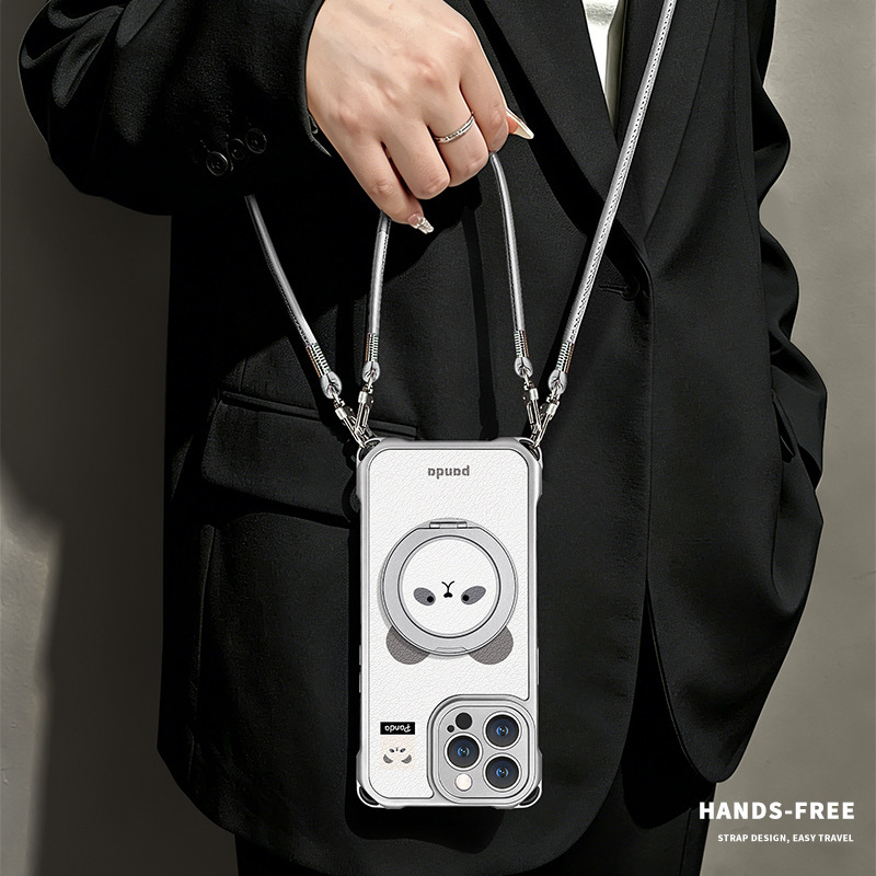 Panda folding stand suitable for iPhone 15 Pro Max, Apple 17 phone case, 16 with four-corner lanyard, 14 crossbody, 13
