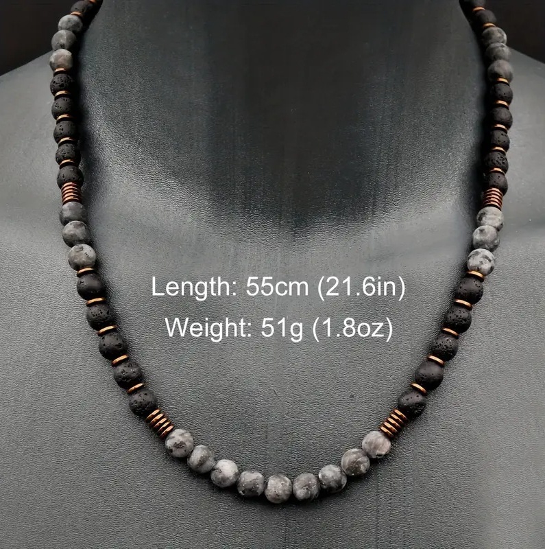 Men's New Trendy Summer Beaded Glitter Stone Volcanic Stone Necklace Holiday Style Black Gallstone Long Men's Necklace