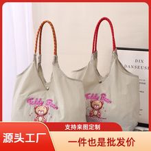 手提包女新款ball刺绣单肩斜跨女士通勤轻便卡通大容量帆布包