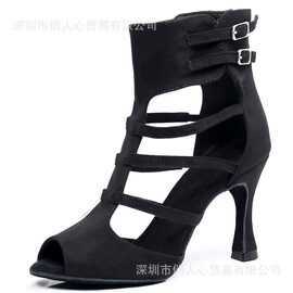 外贸新款黑高帮拉丁舞鞋女欧美bachata交谊跳舞鞋高跟软底舞蹈靴