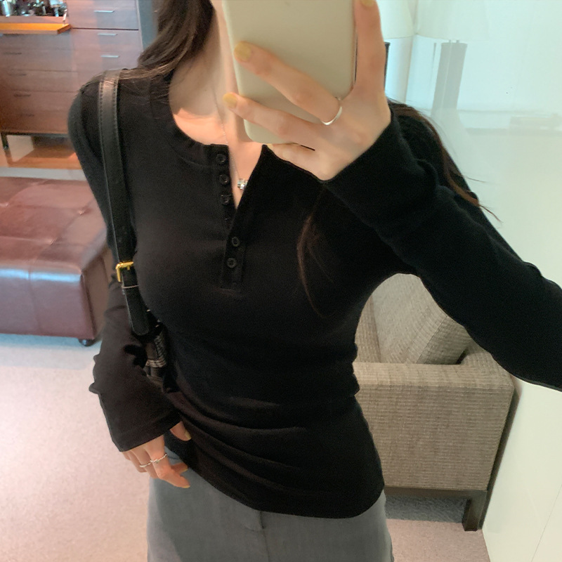 白花灰正肩排扣打底衫女秋季半开领修身甜辣内搭上衣简约长袖T恤|undefined