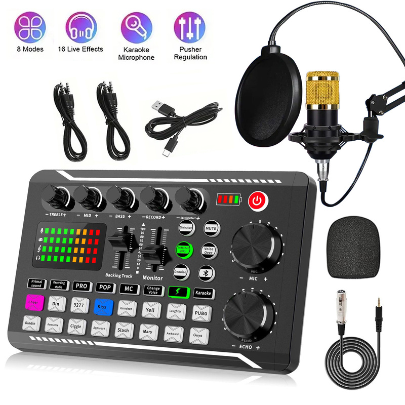 F998 サウンドカード ワイヤレス Bluetooth DJ機器 ライブサウンドカード RGBボタン付き BM-800 マイク デュアルチャンネル|undefined