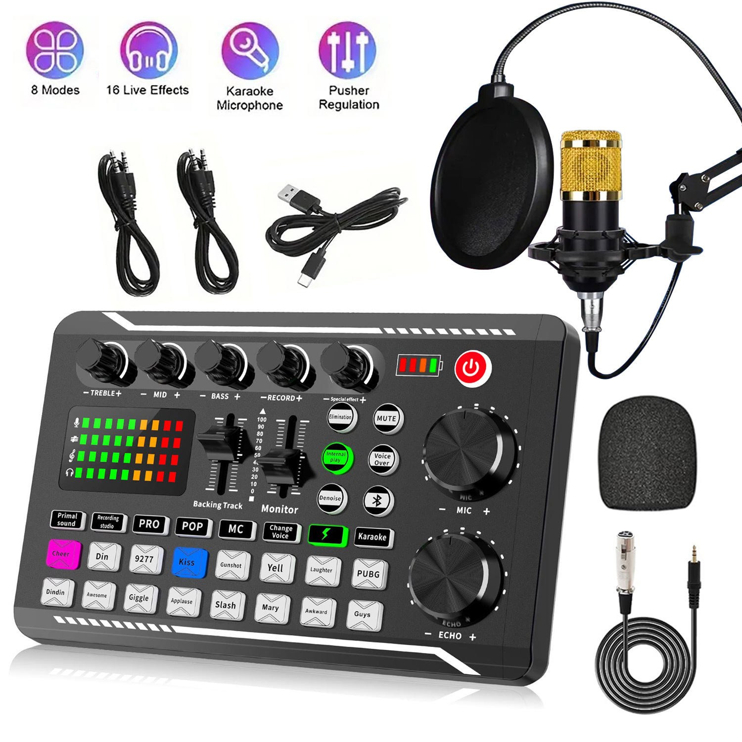 Tarjeta de sonido F998 inalámbrica Bluetooth, equipo de DJ, tarjeta de sonido en vivo con botón RGB, micrófono BM-800 de doble canal