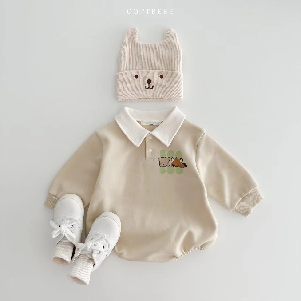 INS estilo coreano de dibujos animados impreso solapa mameluco para niños y niñas de primavera y otoño de algodón camisa de cuello mono mameluco
