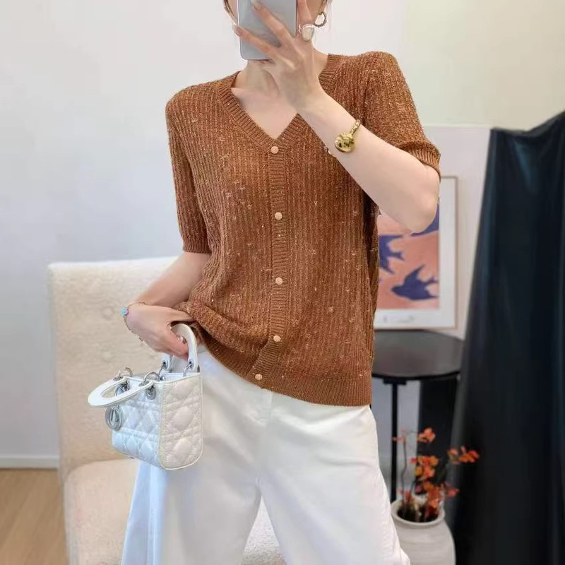 Lyocell Tencel V-Neck High-End Short-Sleeve Knit Cardigan for Women, Summer Stylish and Youthful Ice Silk Thin Top Lyocell Tencel V-Neck High-End Short-Sleeve Knit Cardigan for Women, Summer Stylish and Youthful Ice Silk Thin Top