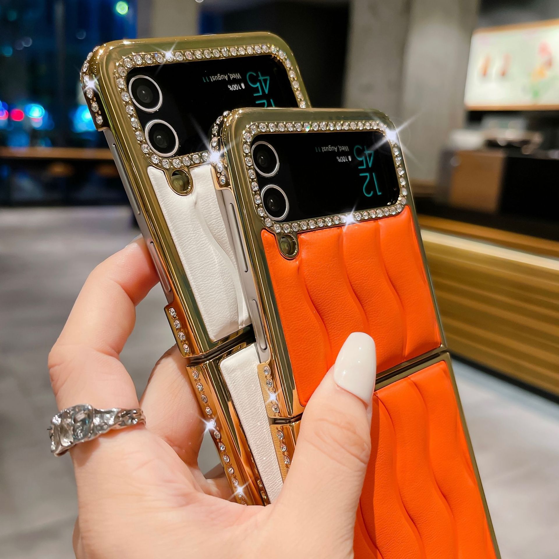 Luxury Electroplated Diamond Wave Leather Phone Case For Samsung Zflip5 Zflip4_voghion.com