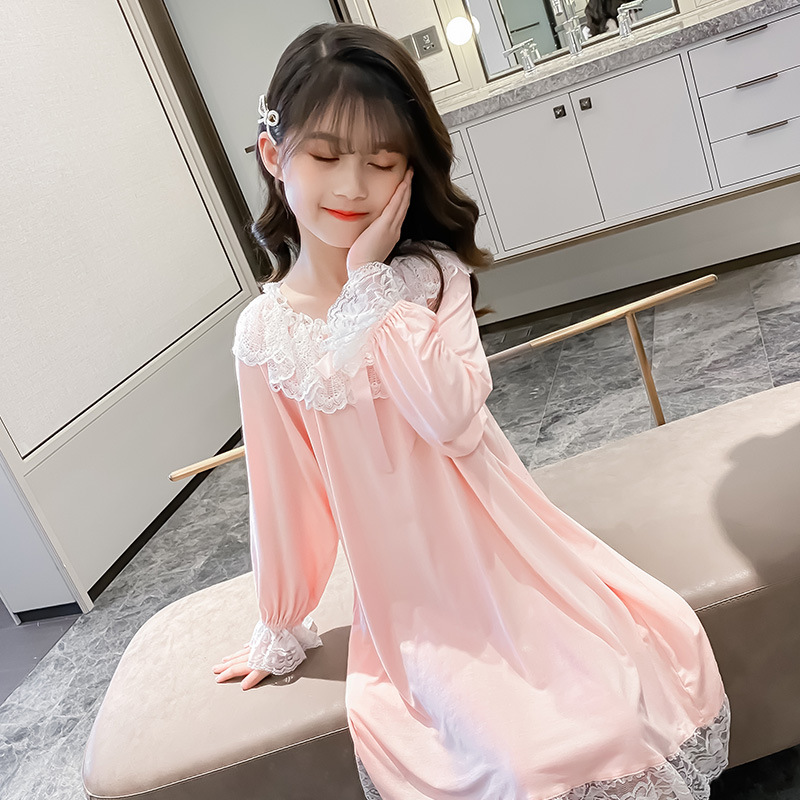 Children's Sleep Dress for Girls Summer Princess Style Long Sleeve Girls' Court Style Modal Pajamas for Spring and Autumn New Arrival for Older Children