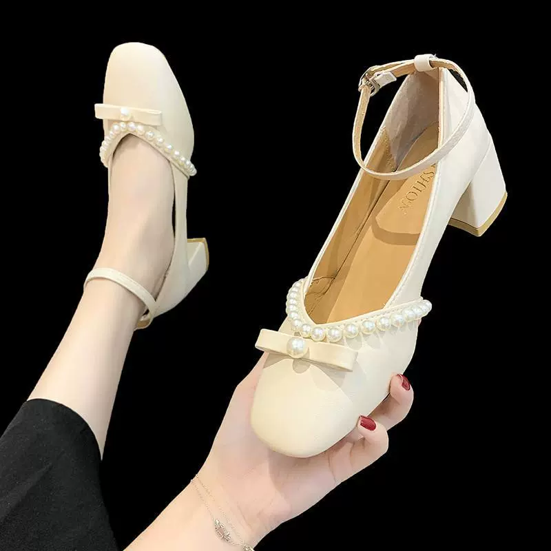 Туфли на толстом каблуке женские 2021 лето новый дикий фея стиль французский жемчуг неглубокий рот каблуков вечерний ветер нежные туфли
