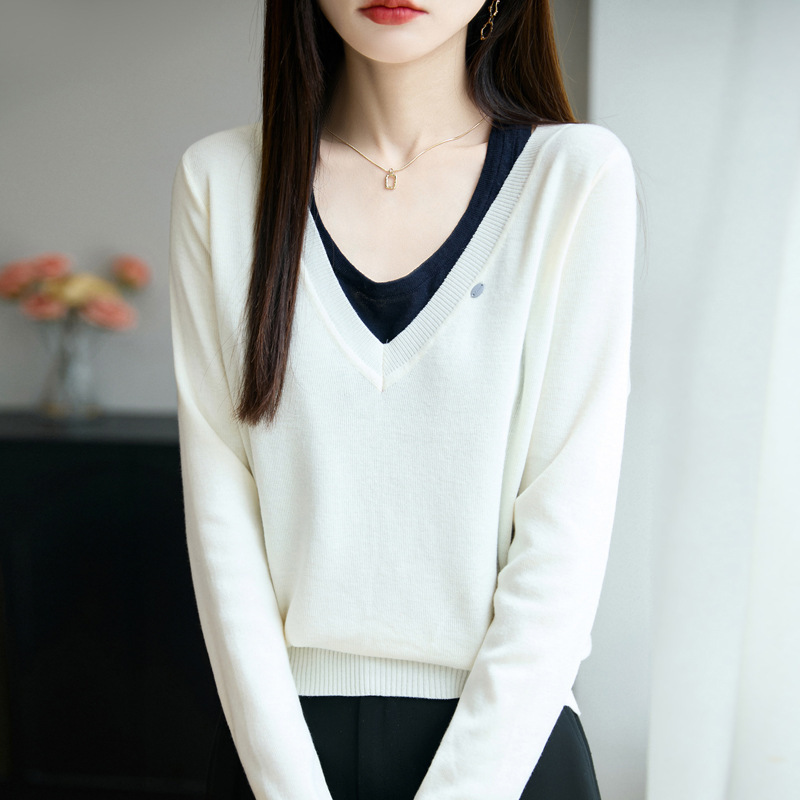 早秋新款V领假两件精纺羊毛衫女百搭长袖针织毛衣打底衫女装上衣|undefined