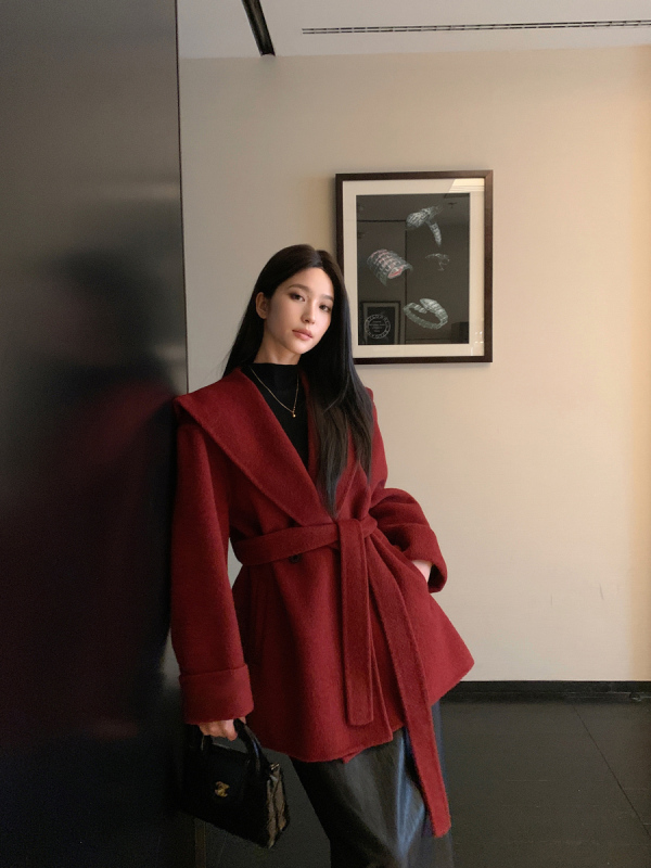 2025冬季新款圣诞红宽松100羊毛呢中长款大衣女冬手工双面呢外套|undefined