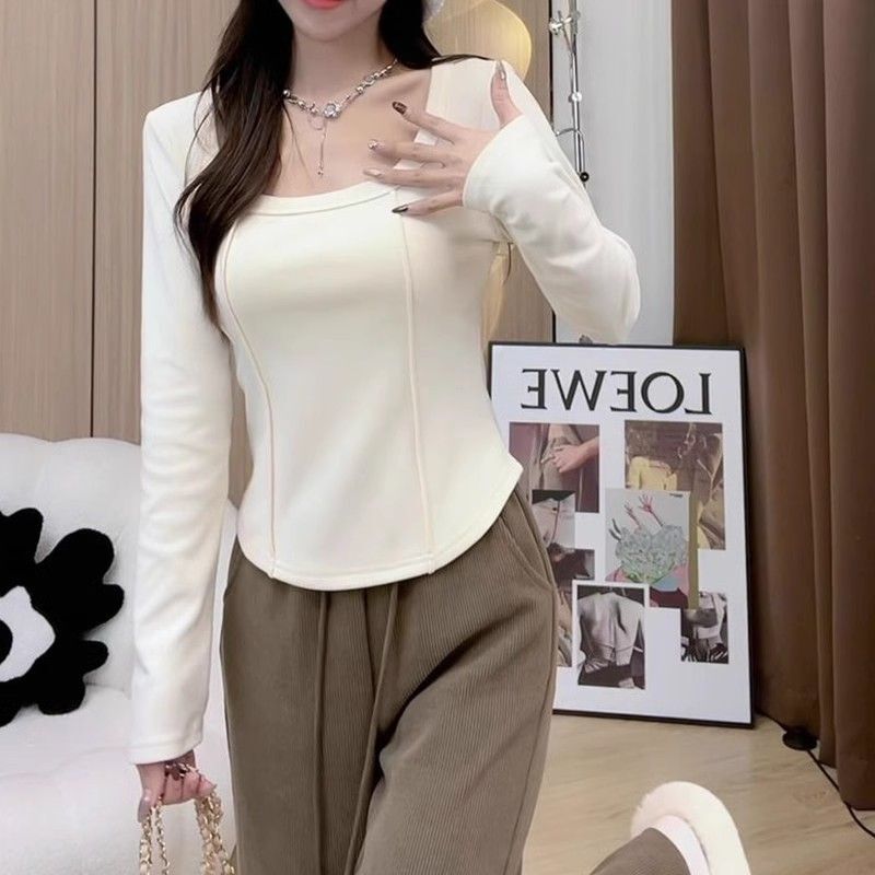 德绒保暖长袖t恤女士洋气秋冬季鱼骨修身显瘦打底衫短款内搭上衣|undefined