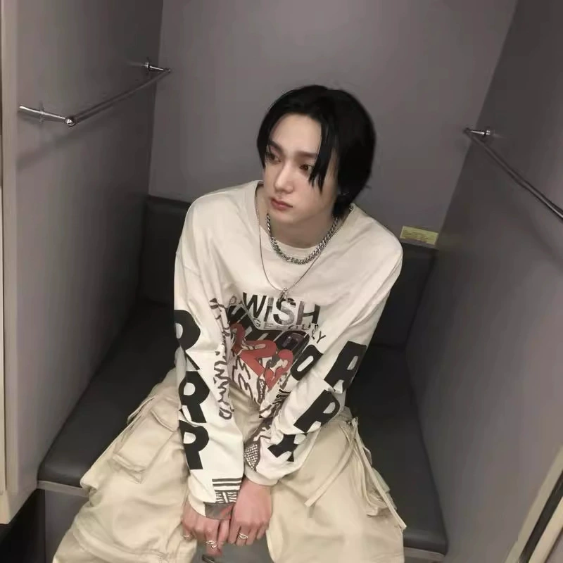 Niche trendy brand RRR123 portrait graffiti slogan long-sleeved European and American street popular versatile loose couple T-shirt for men