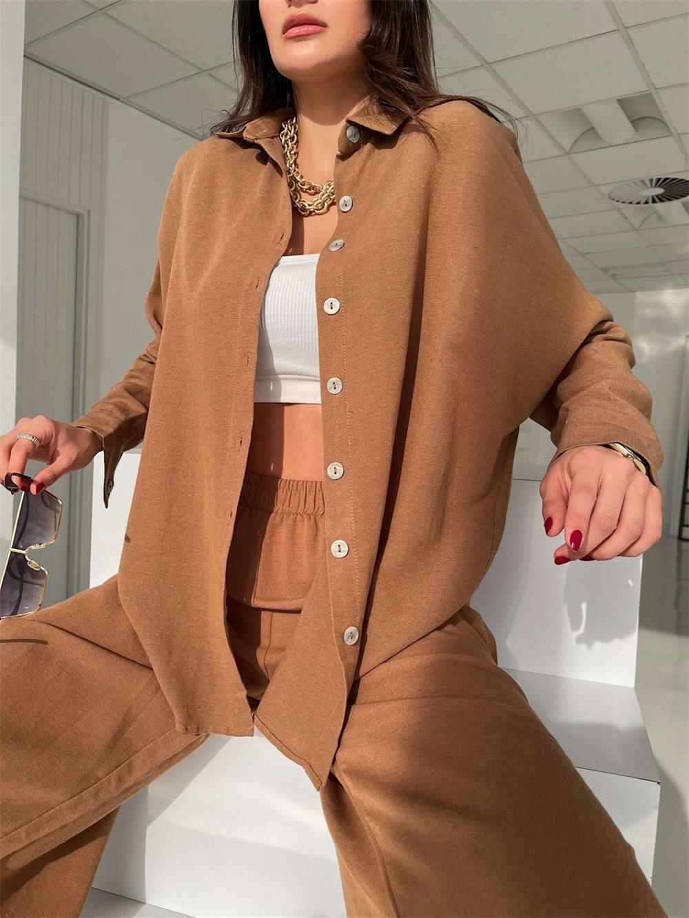 Nouvel ensemble décontracté européen et américain, couleur unie, col Polo, manches longues, petit haut, pantalon Harlan, ensemble deux pièces_voghion.com