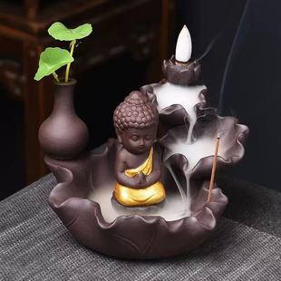 Creative Small Flower Vessel, Zen Flower Arrangement, Backflow Incense Burner, Purple Sand Zen Lotus, Little Monk Ceramic Home Office Ornaments
