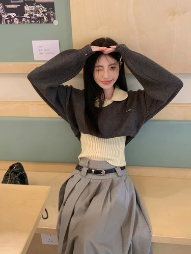 American-style Campus Look Set: Short Knit Top with Layered Sweater, Women's Autumn/Winter Slim Fit Base Layer Top—Two-Piece Outfit