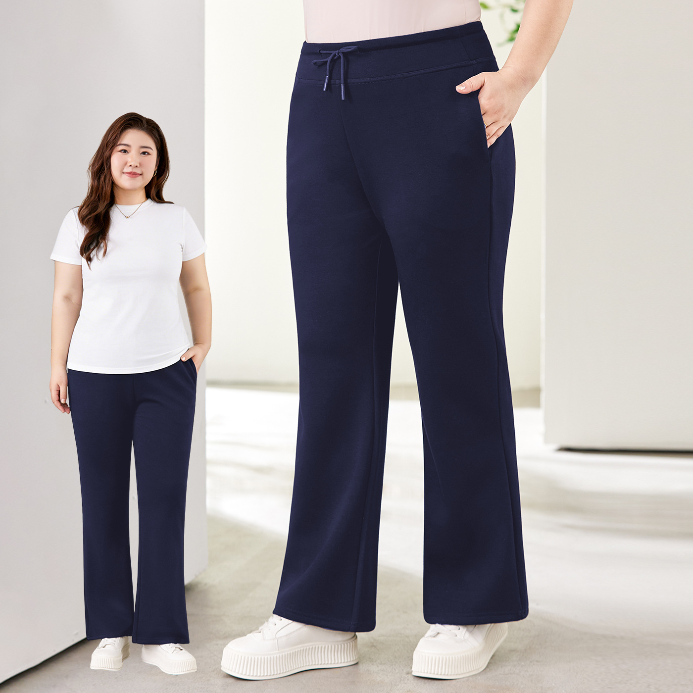 Plus-Size Women's Flared Pants 2026 New Autumn High-Waisted Slimming Drapey Casual Sports Drawstring Flared Long Pants