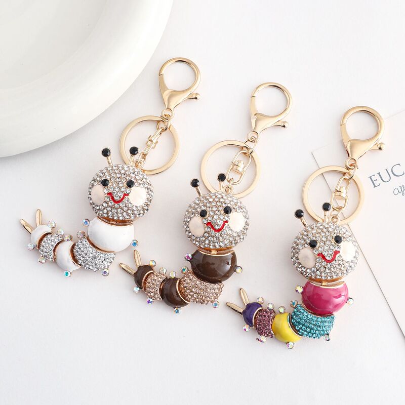 Cross-Border New Style Diamond-Encrusted Cute Cartoon Caterpillar Keychain for Women's Bags, Car Keychain Pendant, Small Gift