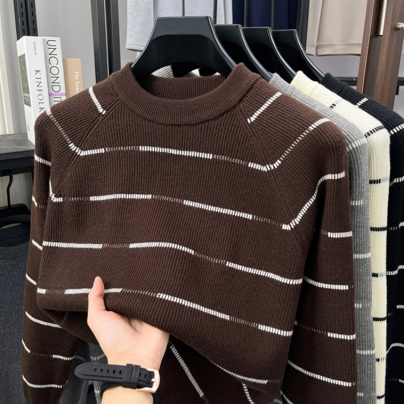 Cross-border Puyuan dropshipping: high-end, classic-style striped crew-neck knit sweater for men, loose fit, suitable for autumn, commuting, and casual wear, long sleeves