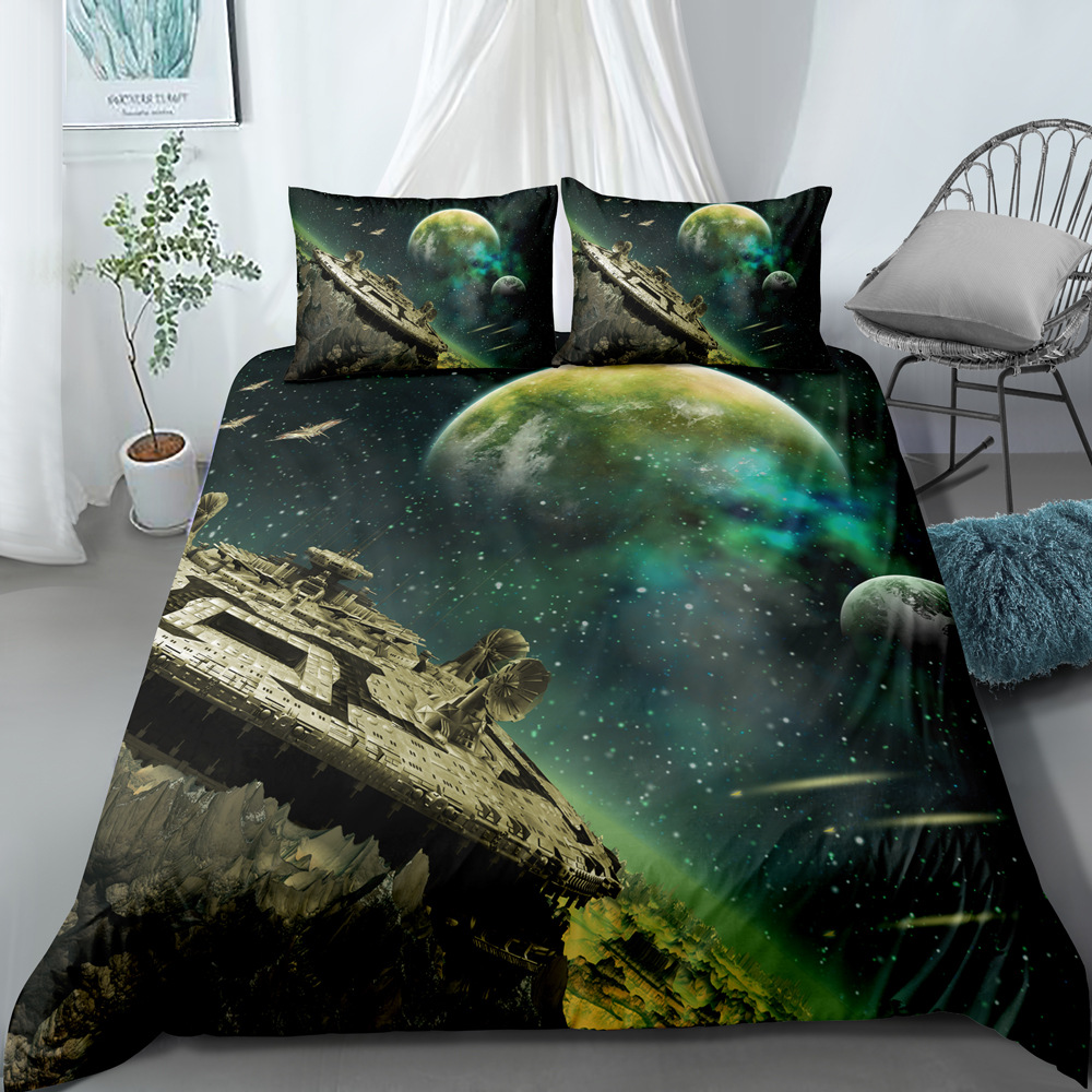 Ensemble de literie trois pièces ciel étoilé univers imprimé numérique, housse de couette et taie d'oreiller personnalisables_voghion.com