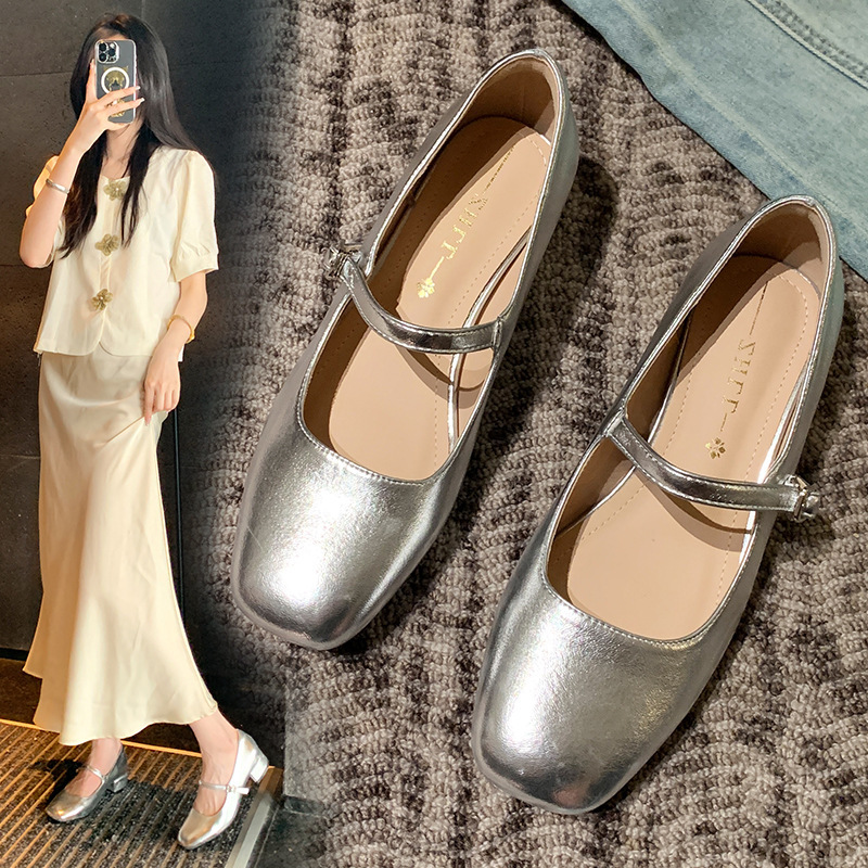 2386-54 Autumn New French Style Versatile Shallow Square Heel Single Strap Mary Jane Shoes, Extra Wide and Large Size Women's Shoes 4