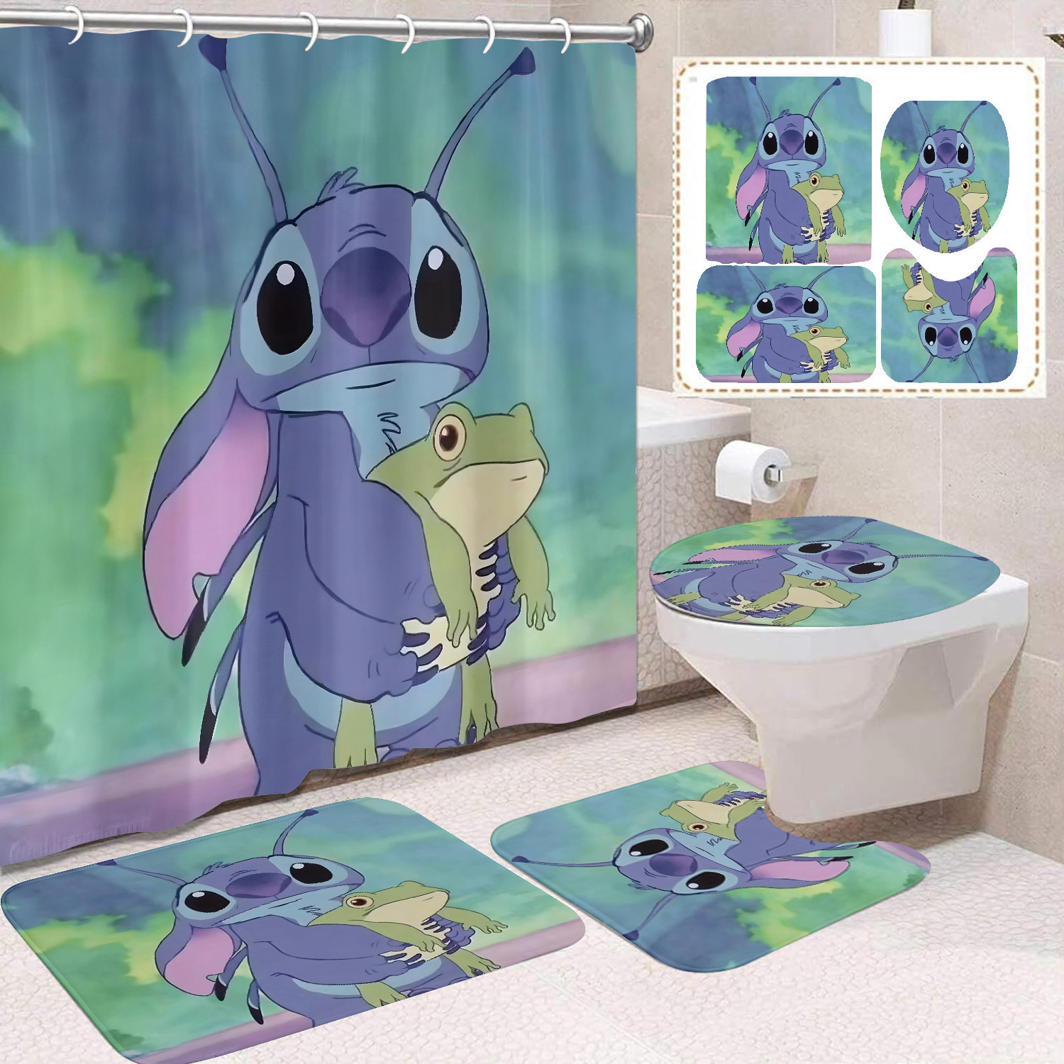 Venta directa de fábrica lindo baño de dibujos animados de cuatro piezas cortina de ducha impermeable cortina de ducha sin perforación cortina de partición de baño de baño